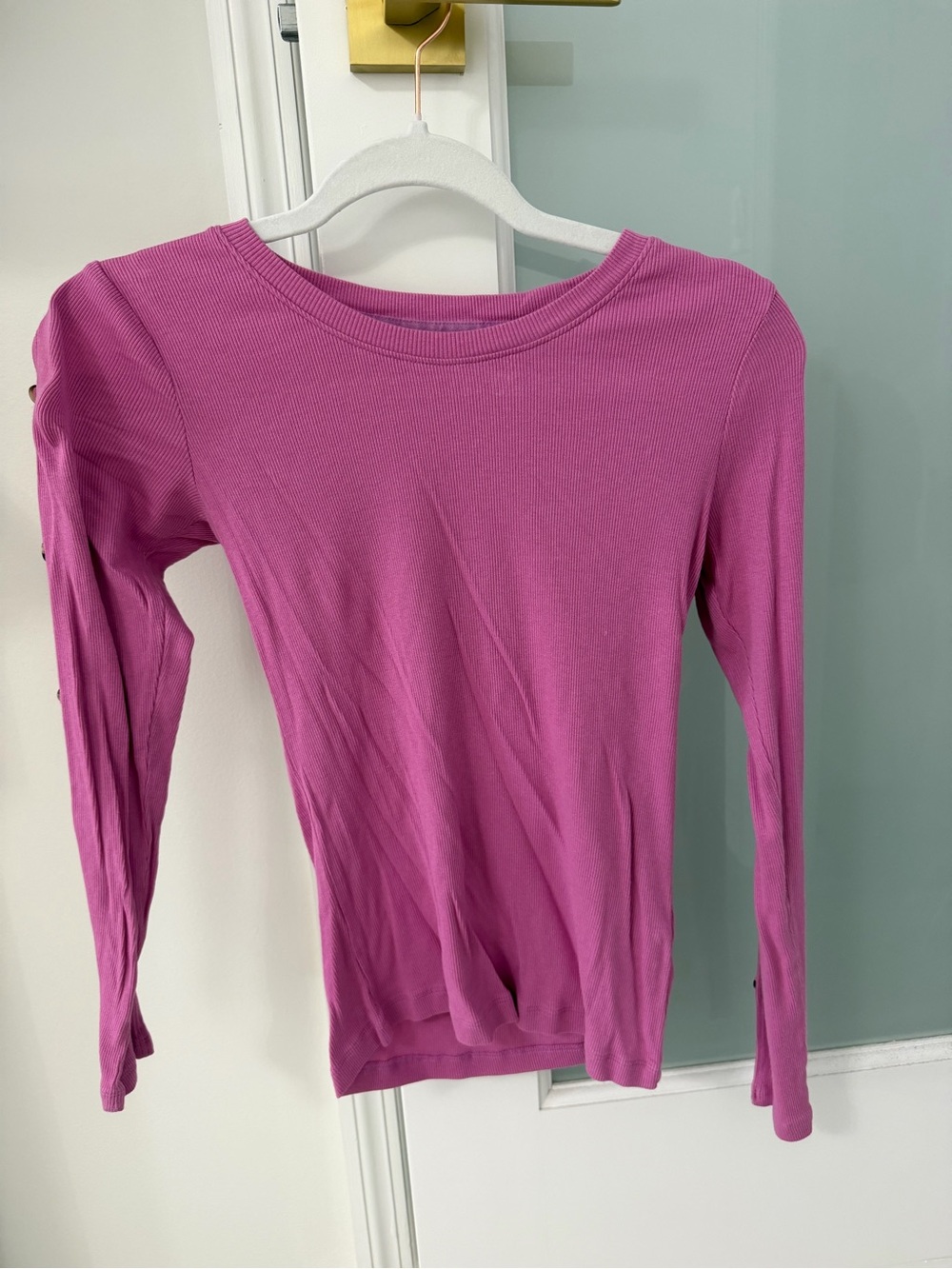 Ribbed Long-Sleeve Crewneck Top in Bright Magenta